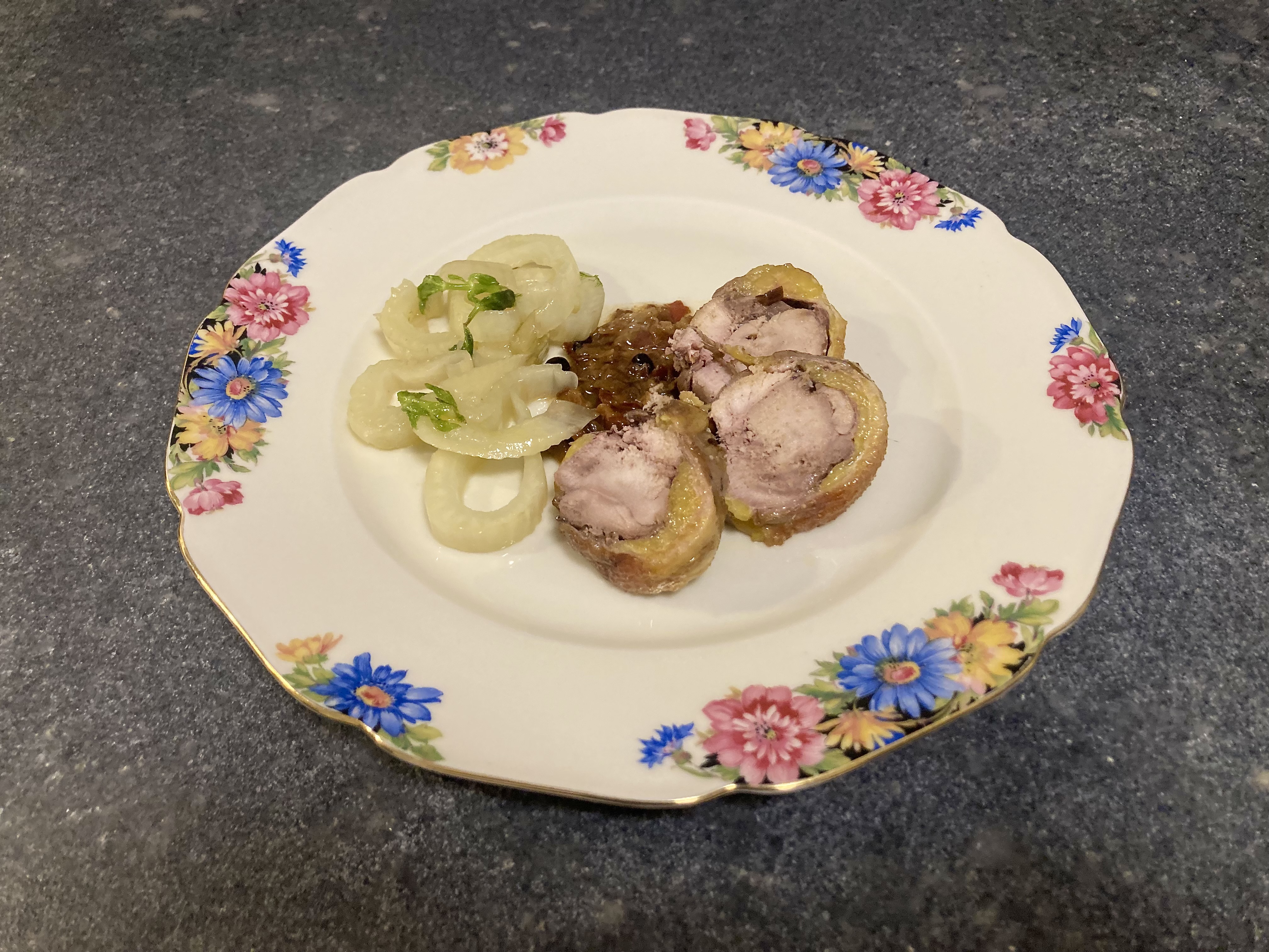 Duck with Fennel ©cadwu made with fresh legg of duck and excellent fennel, served with a glass of Chiroubles from the Beaujolais.