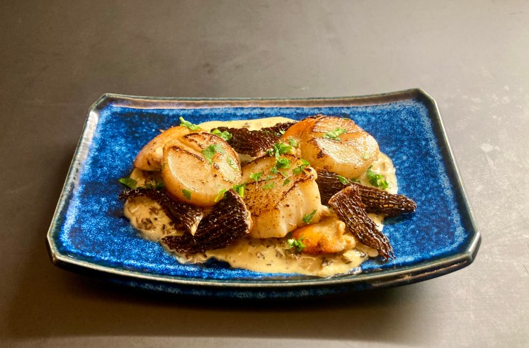 Scallops and Morels ©cadwu with a rich creamy morel sauce with chopped shallots, stock, mustard and chopped parsley