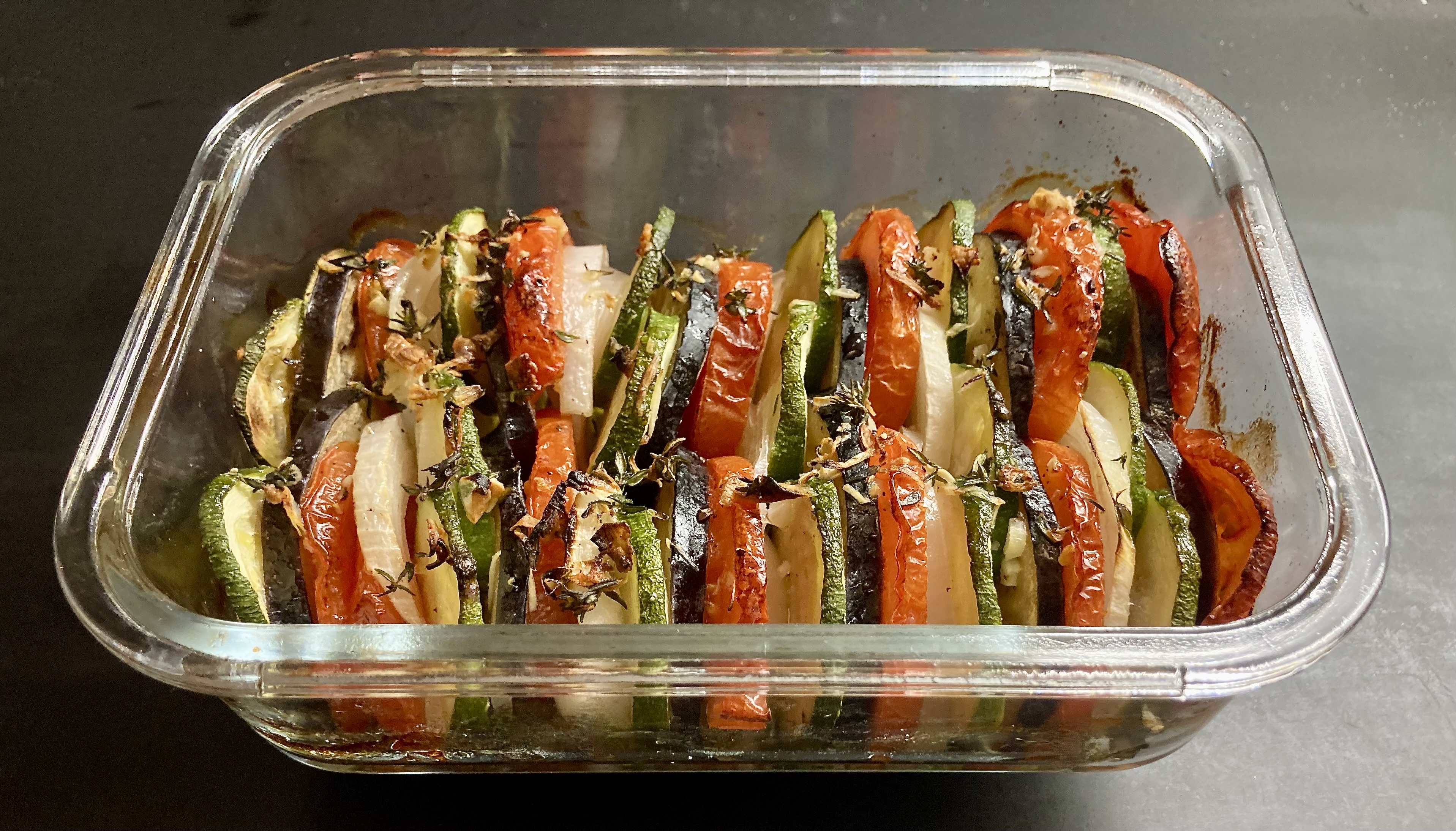 Tian ©cadwu with eggplant, zuchhini, white onion and tomatoes. Also herbes de provence, garlic, olive oil and black pepper