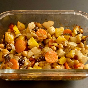 Oven Roasted Tuberous Chervil ©cadwu with parsnip, pruneaux, carrots, shallot, cumin and garlic
