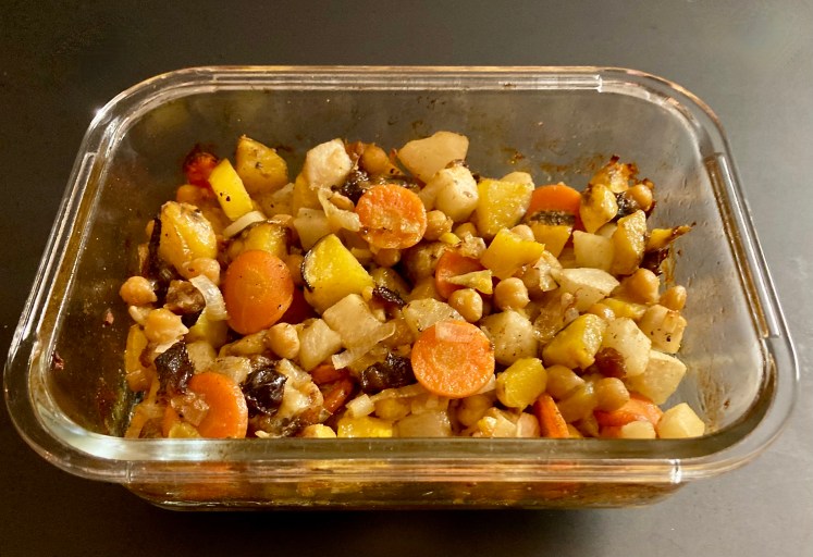 Oven Roasted Tuberous Chervil ©cadwu with parsnip, pruneaux, carrots, shallot, cumin and garlic