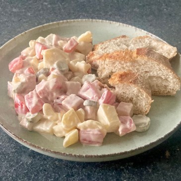 Salade Piémontaise ©cadwu made with tomatoes, potatoes, gherkins, egg, ham, lemon juice, black pepper and home made mayonnaise