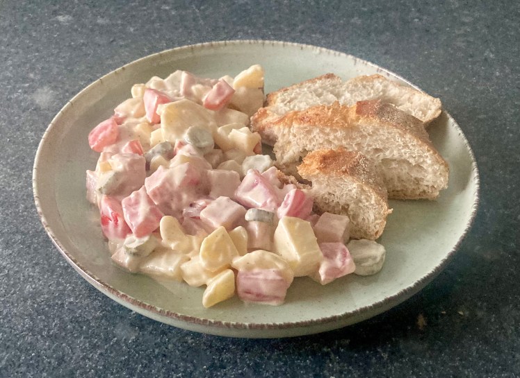 Salade Piémontaise ©cadwu made with tomatoes, potatoes, gherkins, egg, ham, lemon juice, black pepper and home made mayonnaise