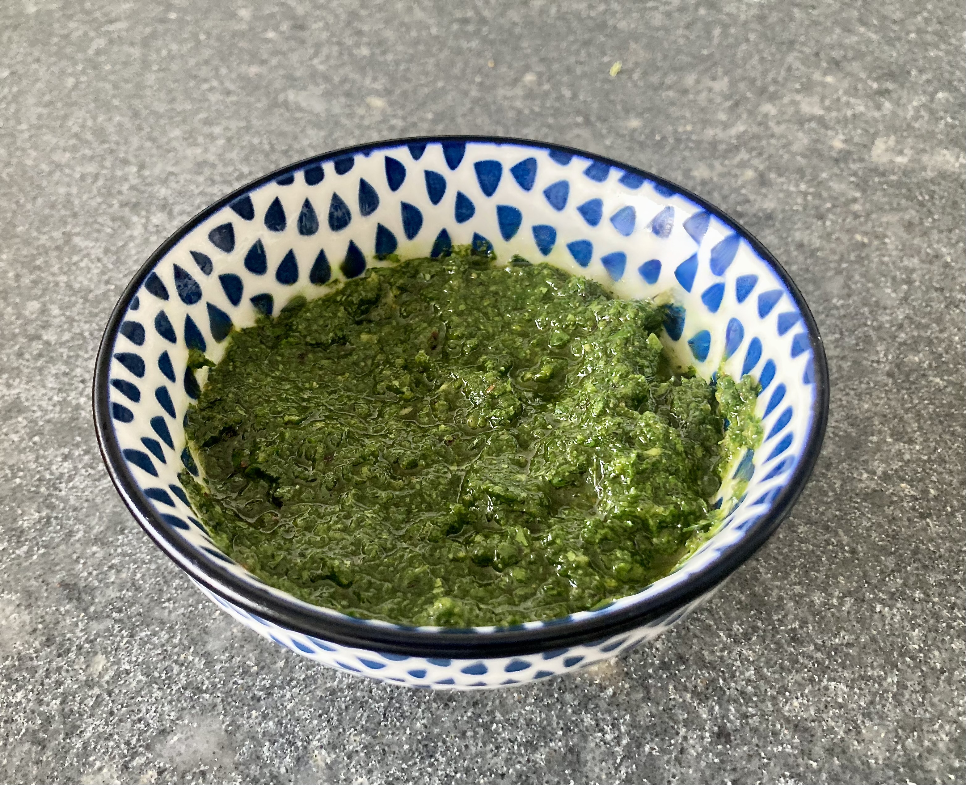 Zhug ©cadwu made with cilantro, parsley, olive oil, lemon and jalapeño